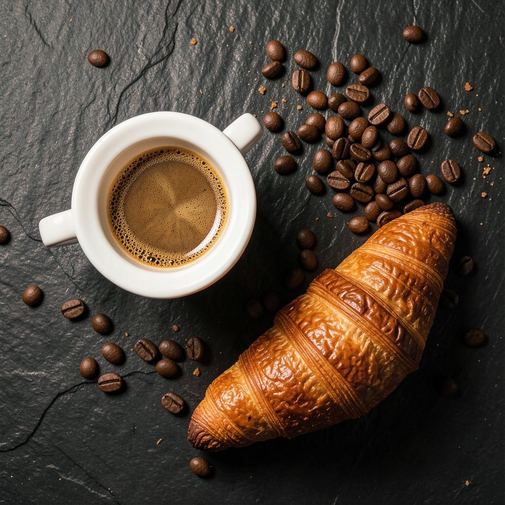 Espresso e croissant servidos no Coffeetown